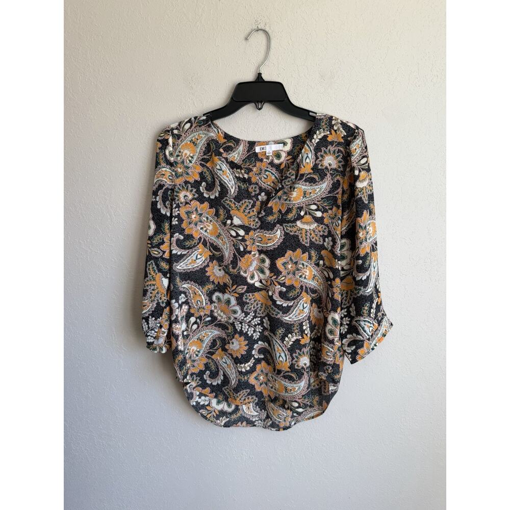 DR2 Multi Paisley Floral V-Neck Lightweight Pleated 3/4 Sleeve Blouse Women S